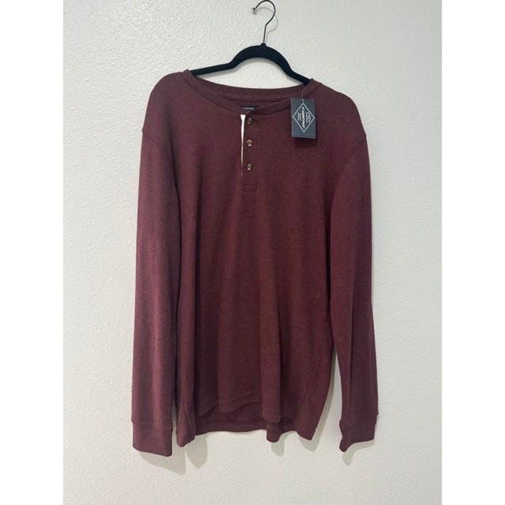St Johns Bay Mens Henley Shirt Large Burgundy Heather Waffle Knit Long Sleeve